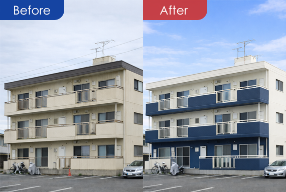 3階建てアパートの施工前と施工後の外観比較。左が施工前、右が施工後。