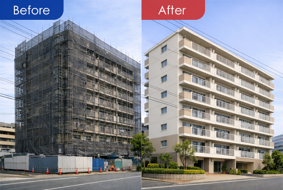 3階建てアパートの施工前と施工後の外観比較。左が施工前、右が施工後。