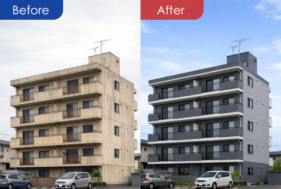 3階建てアパートの施工前と施工後の外観比較。左が施工前、右が施工後。